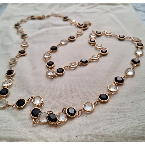 Vintage Austrian Crystal Bezel Necklace Black & Clear Gold Tone 34” Fancy - Picture 6 of 7